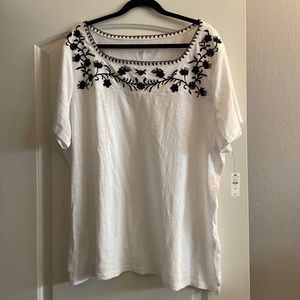 White Talbots t-shirt with black embroidery.